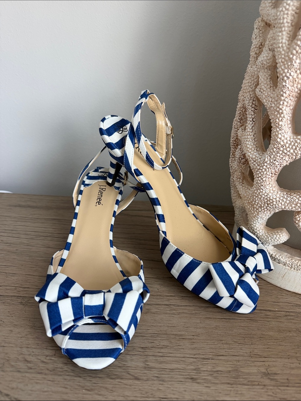 J. Renné Cha Cha Blue and White Striped Bow Peep-Toe Sandals - 9.5 Heels 2.5”
